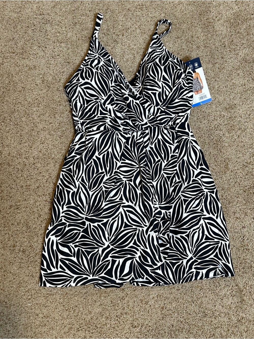 Lands' End Black & White Leaf-Print Midi Dress